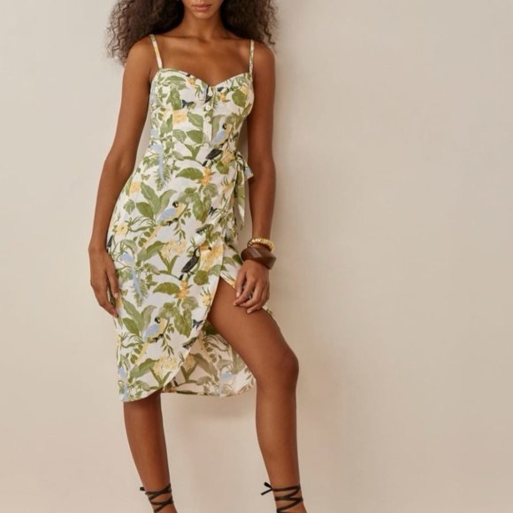 Reformation Rianne Tropics  Toucan Bird and Leaves Print Wrap Dress Size 12 - Picture 2 of 16